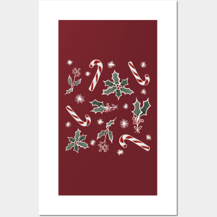 Boughs Of Holly and Candy Canes Festive Pattern Digital Illustration Posters and Art